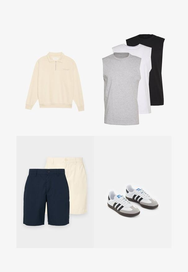 Beige pullover, millel tõmblukk, pehmest kangast. Omab ribakäeääre ja diskreetset tikandit rinnal. Sirge lõikega disain.; Kolm ilma varrukat särk hallis, valges ja mustas värvios. Pehme puuvillane materjal, ümar kaelus ja mugav lõige. Lihtne disain, ilma mustriteta.; Kaks paari lühikesi pükse: ühed meresinised ja ühed heledad beežid. Mõlemad on sirge lõikega, nööbiga sulgemine ja siledast, kergest kangast.; Spordijalatsid valge nahkpealsega, halli nubuk-naha otsaga ja kolme musta triibuga. Omab sinist logo keele peal ja struktureeritud kummitalda.