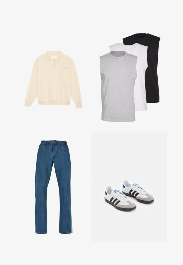 Pullover beige con colletto a zip, realizzato in tessuto morbido. Presenta polsini a costine e un sottile dettaglio ricamato sul petto. Design a taglio dritto.; Tre magliette senza maniche in grigio, bianco e nero. Materiale in cotone morbido con scollatura a girocollo e vestibilità rilassata. Design semplice, senza motivi.; Jeans in denim blu con taglio dritto, caratterizzati da un classico design a cinque tasche, chiusura frontale con bottone e zip, e cuciture visibili.; Scarpe sportive con tomaia in pelle bianca, punta in suede grigia e tre strisce nere. Presentano un logo blu sulla linguetta e una suola in gomma testurizzata.