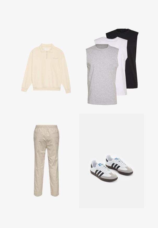 Beige pullover, millel tõmblukk, pehmest kangast. Omab ribakäeääre ja diskreetset tikandit rinnal. Sirge lõikega disain.; Kolm ilma varrukat särk hallis, valges ja mustas värvios. Pehme puuvillane materjal, ümar kaelus ja mugav lõige. Lihtne disain, ilma mustriteta.; Heledad beežid puuvillased püksid elastse vöökoha, kahe külgtasku ja sirge lõikega. Sile tekstuur minimaalse detailiga.; Spordijalatsid valge nahkpealsega, halli nubuk-naha otsaga ja kolme musta triibuga. Omab sinist logo keele peal ja struktureeritud kummitalda.