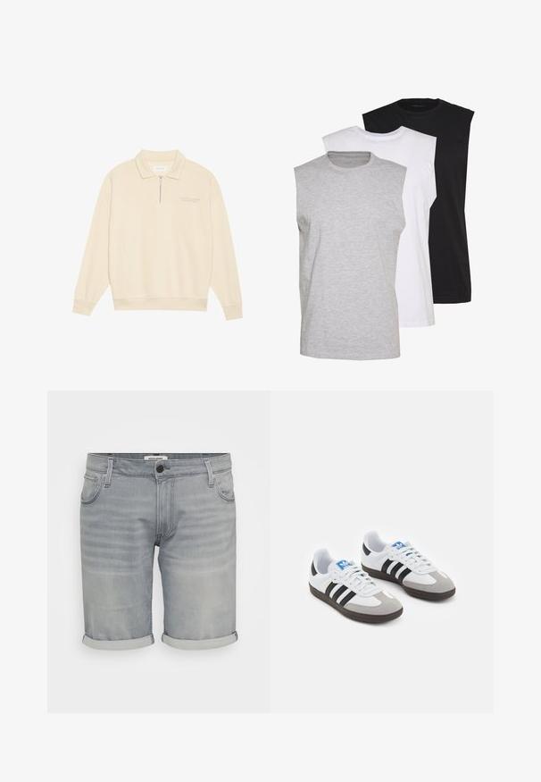 Beige pullover with a zip collar, made of soft fabric. Features ribbed cuffs and a subtle embroidered detail on the chest. Straight cut design.; Three sleeveless t-shirts in gray, white, and black. Soft cotton material with a crew neck and relaxed fit. Simple design, no patterns.; Gray denim shorts with rolled cuffs, five-pocket design, and a button closure. Features subtle fading and a stitched brand label inside.; Sport shoes with a white leather upper, gray suede toe, and three black stripes. Features a blue logo on the tongue and a textured rubber sole.