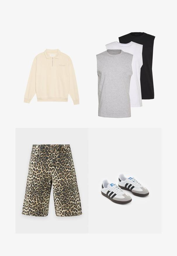 Beige svetr s límcem na zip, vyrobený z měkké látky. Má žebrované manžety a jemný vyšitý detail na hrudi. Rovný střih.; Tři bezrukávové trička v šedé, bílé a černé barvě. Měkký bavlněný materiál s kulatým výstřihem a uvolněným střihem. Jednoduchý design, žádné vzory.; Džínové šortky se zvířecím potiskem leopardího vzoru v světle hnědé, černé a béžové barvě, se šesti kapsami a rovně střižené.; Sportovní boty s bílým koženým svrškem, šedou semišovou špičkou a třemi černými pruhy. Obsahují modré logo na jazyku a texturovanou gumovou podrážku.