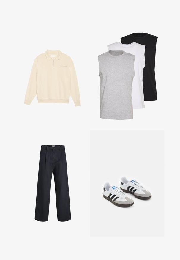 Beżowy sweter z zamkiem przy kołnierzu, wykonany z miękkiego materiału. Posiada żebrowane mankiety oraz subtelny wyszywany detal na piersi. Prosty krój.; Trzy bezrękawniki w kolorach szarym, białym i czarnym. Wykonane z miękkiej bawełny, z okrągłym dekoltem i luźnym krojem. Prosty design, bez wzorów.; Granatowe szerokie spodnie wykonane z tkanej tkaniny, z zapięciem na guzik i plisowanym przodem. Gładka faktura, brak widocznych wzorów.; Buty sportowe z białą skórzaną cholewką, szarym zamszowym noskiem i trzema czarnymi paskami. Posiadają niebieskie logo na języku oraz teksturowaną gumową podeszwę.
