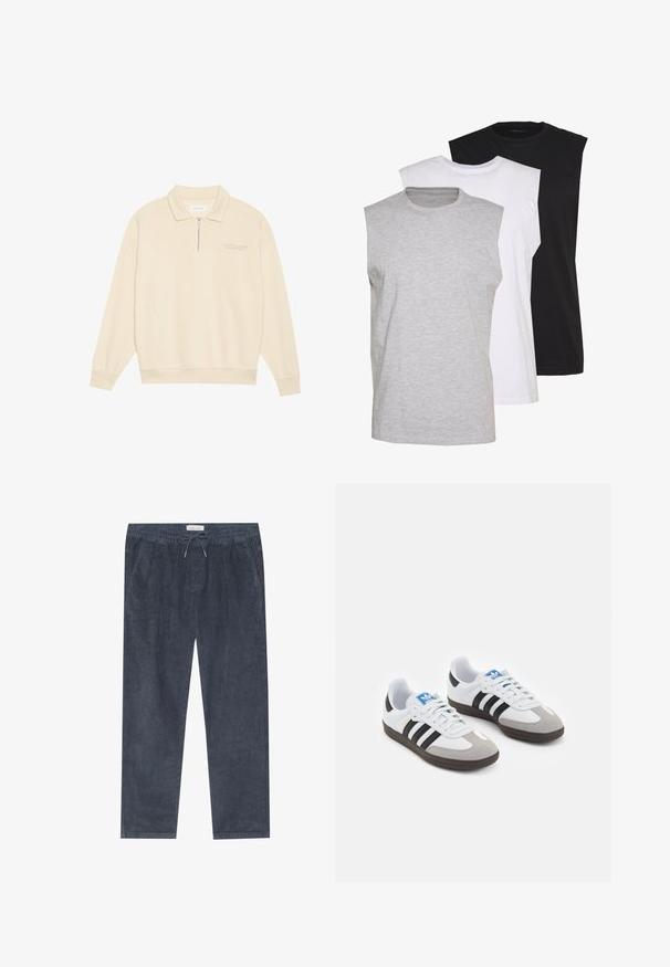 Beige svetr s límcem na zip, vyrobený z měkké látky. Má žebrované manžety a jemný vyšitý detail na hrudi. Rovný střih.; Tři bezrukávové trička v šedé, bílé a černé barvě. Měkký bavlněný materiál s kulatým výstřihem a uvolněným střihem. Jednoduchý design, žádné vzory.; Námořnické manšestrové kalhoty s elastickým pasem a šňůrkou; mají boční kapsy a vertikální žebrovanou strukturu. Rovný střih nohavic.; Sportovní boty s bílým koženým svrškem, šedou semišovou špičkou a třemi černými pruhy. Obsahují modré logo na jazyku a texturovanou gumovou podrážku.