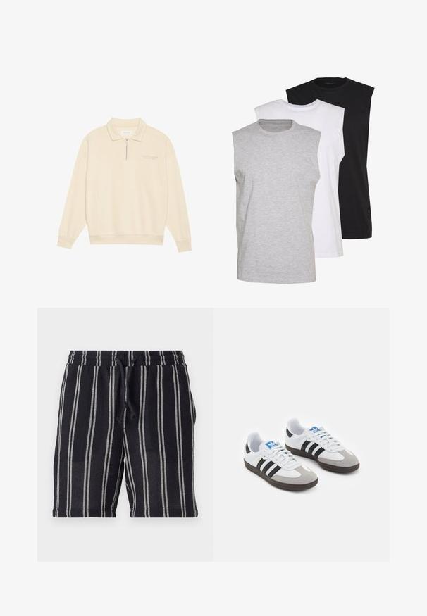 Beige pulóver, cipzáros gallérral, puha anyagból készült. Rugalmas mandzsetták jellemzik, és finom hímzett részlet található rajta a mellen. Egyenes szabású.; Három ujjatlan póló szürke, fehér és fekete színben. Puha pamut anyag, kerek nyakkivágással és laza szabással. Egyszerű dizájn, minta nélkül.; Fekete-fehér csíkos rövidnadrág, rugalmas derékkal, zsinóros záródással és texturált anyaggal. A comb közepén végződik.; Fehér bőr felsőrészes sportcipő, szürke velúrból készült orral és három fekete csíkkal. Jellemzője a kék logó a nyelvén és egy texturált gumitalp.
