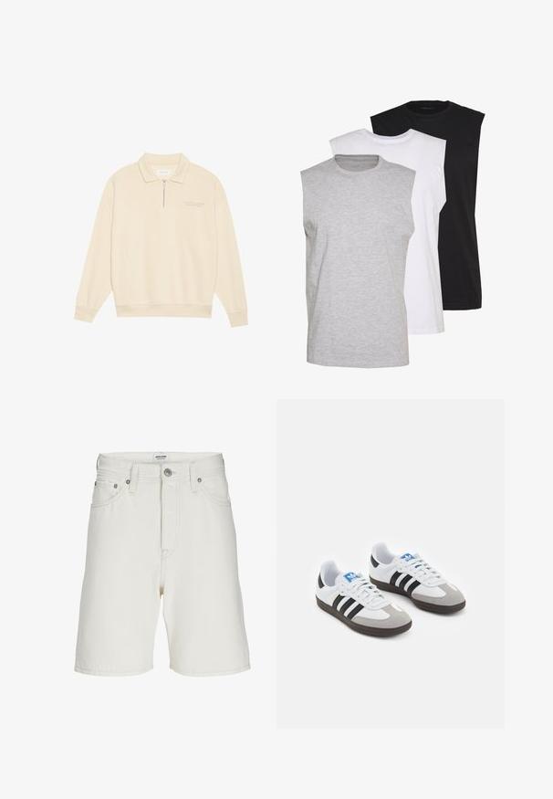 Beige pullover with a zip collar, made of soft fabric. Features ribbed cuffs and a subtle embroidered detail on the chest. Straight cut design.; Three sleeveless t-shirts in gray, white, and black. Soft cotton material with a crew neck and relaxed fit. Simple design, no patterns.; White denim shorts with a straight cut, featuring a zip fly, five pockets, and metal hardware for closure and accents.; Sport shoes with a white leather upper, gray suede toe, and three black stripes. Features a blue logo on the tongue and a textured rubber sole.