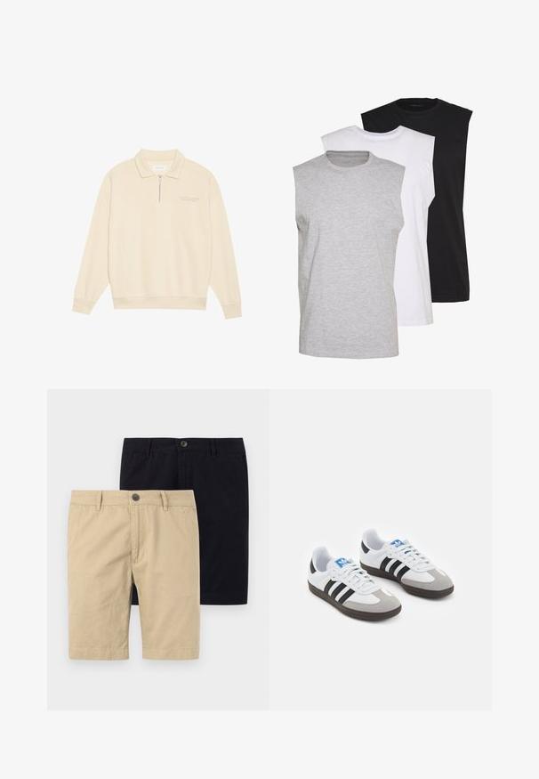 Pullover beige con colletto a zip, realizzato in tessuto morbido. Presenta polsini a costine e un sottile dettaglio ricamato sul petto. Design a taglio dritto.; Tre magliette senza maniche in grigio, bianco e nero. Materiale in cotone morbido con scollatura a girocollo e vestibilità rilassata. Design semplice, senza motivi.; Due paia di pantaloni corti, uno color khaki e uno nero, realizzati in cotone. Entrambi presentano un bottone, una vestibilità piatta nella parte anteriore e sono progettati per arrivare fino al ginocchio.; Scarpe sportive con tomaia in pelle bianca, punta in suede grigia e tre strisce nere. Presentano un logo blu sulla linguetta e una suola in gomma testurizzata.