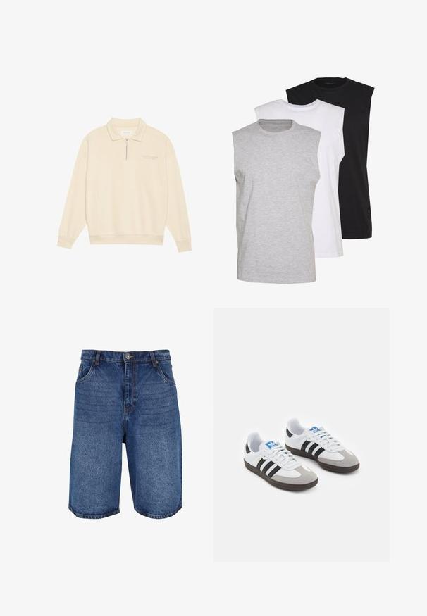 Beige pusero, jossa on vetoketjukaulus, valmistettu pehmeästä kankaasta. Varusteena ribbausvarret ja hillitty kirjailu rinnassa. Suora leikkaus.; Kolme ilmanhihaista t-paitaa harmaana, valkoisena ja mustana. Pehmeä puuvillakangas, pyöreä pääntie ja rento malli. Yksinkertainen muotoilu, ei kuvioita.; Farkkushortsit keskipurple-värissä, joissa on klassinen muotoilu, viisi taskua ja vetoketjukiinnitys nappikiinnityksellä. Karkea pinta ja suora leikkaus.; Urheilukengät, joissa on valkoinen nahkainen päällinen, harmaa mokkanokka ja kolme mustaa raitaa. Ominaisuuksina sininen logo kielekkeessä ja kuvioitu kumipohja.