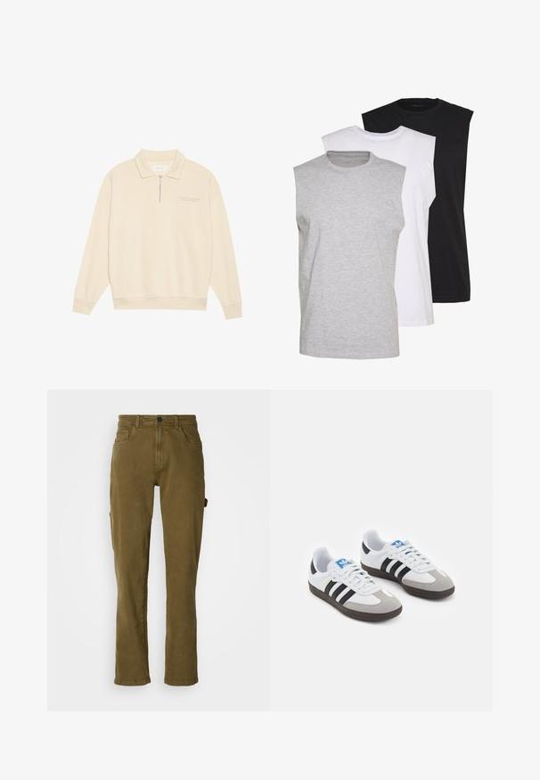 Pull beige avec un col zippé, fabriqué en tissu doux. Présente des poignets côtelés et un subtil détail brodé sur la poitrine. Design à coupe droite.; Trois t-shirts sans manches en gris, blanc et noir. Tissu en coton doux avec un col rond et une coupe décontractée. Design simple, sans motifs.; Pantalons en coton vert olive avec coupe droite, dotés d'une fermeture à bouton sur le devant et de poches latérales. Texture lisse et design épuré.; Baskets avec une tige en cuir blanc, un bout en daim gris et trois bandes noires. Présente un logo bleu sur la languette et une semelle en caoutchouc texturée.