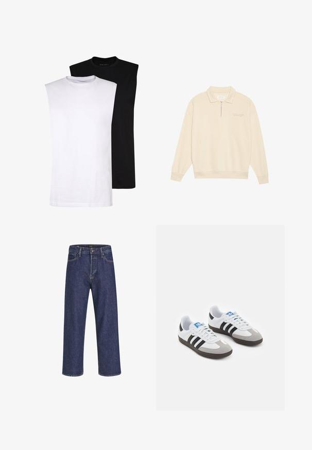 Pulover bej cu guler cu fermoar, fabricat dintr-un material moale. Are manșete ribate și un detaliu brodat subtil pe piept. Design cu croială dreaptă.; Tricouri fără mâneci din bumbac alb și negru, cu decolteu rotund, textură netedă și design minimal. Potrivite pentru diverse setări casual.; Jeans din denim albastru închis, cu o croială dreaptă, design cu cinci buzunare, închidere cu nasture metalic și cusături contrastante, având o textură subtilă.; Încălțăminte sport cu un superior din piele albă, vârf din suede gri și trei dungi negre. Prezintă un logo albastru pe limbă și o talpă din cauciuc texturat.