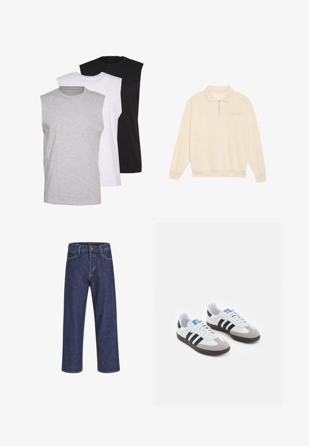 Beige pulóver so zipsovým golierom, vyrobený z mäkkej látky. Vlastnosti ribbených rukávov a subtílne vyšívané detaily na hrudi. Priamy strih.; Tričko bez rukávov v šedé, bílé a černé barvě. Měkký bavlněný materiál s kulatým výstřihem a volným střihem. Jednoduchý design, bez vzorů.; Tmavomodré džínsy s rovnom strihom, dizajnom s piatimi vreckami, kovovým zapínaním a kontrastným prešívaním, ktoré majú jemnú štruktúru.; Športové topánky s bielym koženým zvrškom, šedou semišovou špičkou a tromi čiernymi pruhmi. Obsahujú modré logo na jazyku a štruktúrovanú gumovú podrážku.