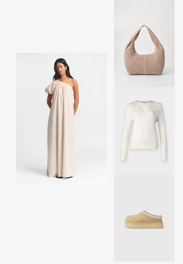 Balta adīta džemperis ar V veida kakla izgriezumu un garām piedurknēm. Tam ir teksturēta dimanta raksts un mazs logo kreisajā krūtī.; Vienas pleca maksi kleita gaiši bēšā audumā, ar saplacinātu dekoltē, brīvu piegriezumu un plūstošu, līdz grīdai garu dizainu.; Tan zamšādas slēgtas kurpes ar mīkstu apkakli un teksturētu gaiši zilu akcentu. Iespējama bieza, izturīga zole ar rakstu profilu.; Mīksta, zylejota hobo soma gaisā bēšā krāsā. Tam ir noapaļota forma ar platu siksnu un rāvējslēdzēja aizdare.