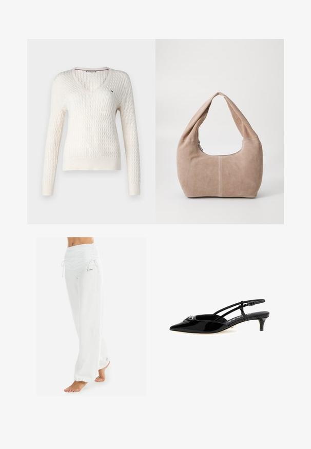 Witte gebreide trui met een V-hals en lange mouwen. Beschikt over een textuur in diamantpatroon en een klein logo op de linkerborst.; Lichtgroene, textuur camisole met een uitlopende zoom, verstelbare kruislings gespen en een V-halsontwerp. Bevat een subtiel patroon.; Witte, losse broek met een gerimpelde tailleband en trekkoord. Glad textuur met zijnaad, ontworpen voor comfort en beweging.; Zwarte lakleren slingback hak, puntige neus, dunne enkelband met gespsluiting, kleine hak en decoratieve versiering op de voorkant.; Hobo-tas gemaakt van zacht, suède materiaal in een lichtbeige kleur. Heeft een ronde vorm met een brede schouderband en een ritssluiting.