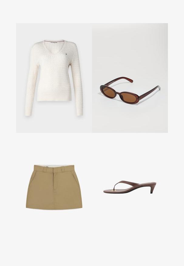 Biely pletený sveter s výstrihom do V a dlhými rukávmi. Má štruktúrovaný diamantový vzor a malú nášivku na ľavej hrudi.; Khaki sukňa s priliehavým pásom, pútkom na opasok, dvoma bočnými vreckami a predným zipsom. Vyrobená z hladkej, štruktúrovanej tkaniny s čistým povrchom.; Hnedá platformová žabková sandála s úzkym remienkom a zaobleným prstom, s malým zlatým akcentom na podrážke.; Okrúhle slnečné okuliare s hnedým nádychom a lesklým burgundským rámom. Úzke ramená s jemným brandovaním. Plochej šošovky dizajn.; Hnedá semišová hobo taška so splývavým tvarom, vybavená zakrivenou hornou rukoväťou a trojúhelníkovými panelmi na prednej a zadnej strane.