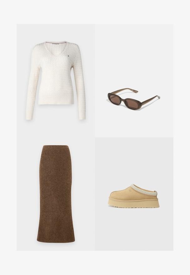Bela pletena jopica z V-izrezom in dolgimi rokavi. Ima strukturiran rombast vzorec in majhen logo na levem prsnem delu.; Bela majica bez rukavov z nastavljivimi naramnicami, prilegajoča zasnova, gladka tekstura tkanine in okrogli izrez. Brez vzorcev ali dodatkov.; Rjava, prilegajoča volna krila s pritrdljenim robom, ki prikazuje mehkobo in teksturirano tkanino. Brez vidnih zapiranj ali okrasitev.; Tan zamahani čevlji brez vezalk z oblazinjeno ovratnico in strukturiranim svetlo modrim poudarkom. Imajo debel, trpežen podplat z vzorčastim profilom.; Rjave ovalne sončne naočare s temnimi lečami. Obloge so narejene iz prozorne rjave materiale in imajo na templjih natisnjeno logo.; Tkanina bež torba z naborjanjem in enim naramnim trakom. Ima teksturiran vzorec po celotni površini.