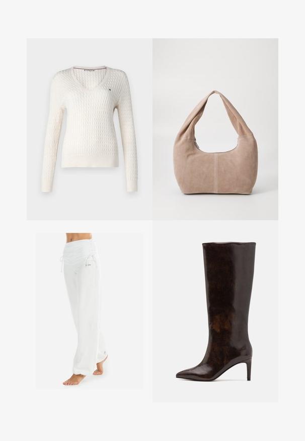 Weißer gestrickter Pullover mit V-Ausschnitt und langen Ärmeln. Verfügt über ein strukturiertes Rautenmuster und ein kleines Logo auf der linken Brust.; Weißes ärmelloses Oberteil mit verstellbaren Trägern, taillierter Passform, glattem Stoff und rundem Ausschnitt. Keine Muster oder Hardware-Details.; Weiße, locker sitzende Hose mit gerafftem Bund und Kordelzug. Glatte Textur mit Seitennähten, entworfen für Komfort und Beweglichkeit.; Call it Spring RHODDE - High Heel Stiefel - medium brown; Hobo-Tasche aus weichem Wildledermaterial in einem hellen Beigeton. Verfügt über eine runde Form, einen breiten Riemen und einen Reißverschluss.