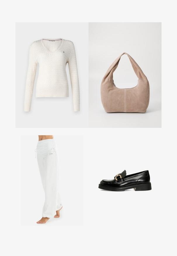 Valge kudumistehnikaga sviiter v-kaelusega ja pikkade varrukatega. Omab tekstuurset rombimustrit ja väikest logo vasakul rinnal.; Valge ilma varrukateta top, reguleeritavate rihmadega, taljesse istuv disain, sile kangatekstuur ja ümmargune kaelus. Ilma mustrite ja seadmeteta.; Valged, vabalt ligikaudu istuvad püksid, millel on kogutud vöökoht ja nöör. Sile tekstuur külgõmblustega, disainitud mugavuseks ja liikumisvabaduseks.; Must musta nahkkingad dekoratiivse kuldse pandlaga. Omab siledat pinnakatet, ümarat varvast ja madalat plokknina koos tekstuuriga tallaga.; Hobo kott, mis on valmistatud pehmest nubukmaterjalist heledas beezis värvitoonis. Omab ümarat kuju, laia sangaga ja tõmblukuga sulgemist.