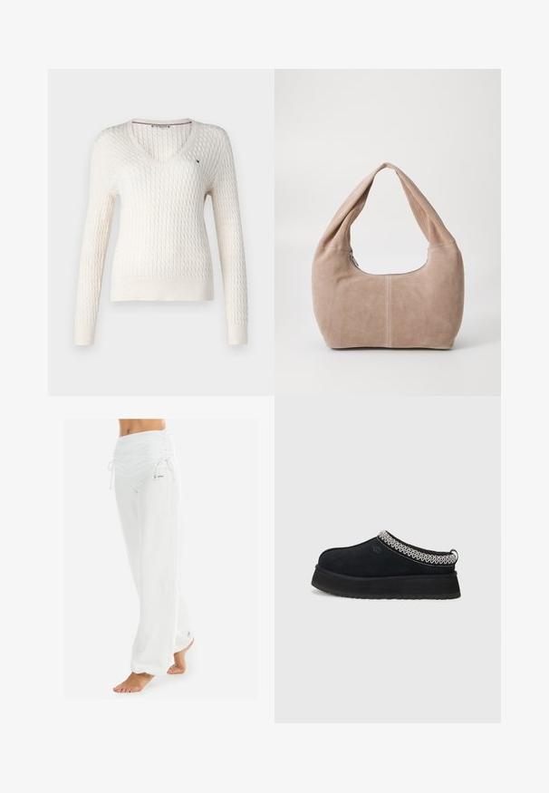 Weißer gestrickter Pullover mit V-Ausschnitt und langen Ärmeln. Verfügt über ein strukturiertes Rautenmuster und ein kleines Logo auf der linken Brust.; Weißes ärmelloses Oberteil mit verstellbaren Trägern, taillierter Passform, glattem Stoff und rundem Ausschnitt. Keine Muster oder Hardware-Details.; Weiße, locker sitzende Hose mit gerafftem Bund und Kordelzug. Glatte Textur mit Seitennähten, entworfen für Komfort und Beweglichkeit.; Schwarzer Wildlederschuh zum Hineinschlüpfen mit einer dickeren Sohle, ausgestattet mit strukturierten, schwarz-weißen, gewebten Akzenten am Kragen.; Hobo-Tasche aus weichem Wildledermaterial in einem hellen Beigeton. Verfügt über eine runde Form, einen breiten Riemen und einen Reißverschluss.