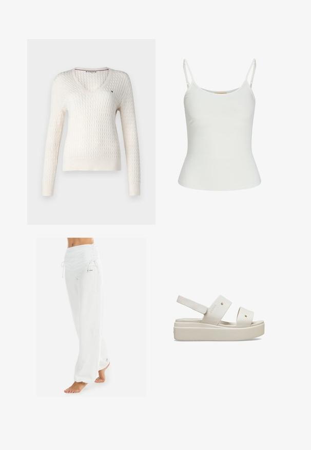 Hvid strikket sweater med v-hals og lange ærmer. Har et struktureret diamantmønster og et lille logo på venstre bryst.; Hvid ærmeløs top med justerbare stropper, tætsiddende design, glat stofstruktur og rund halsudskæring. Ingen mønstre eller hardware detaljer.; Hvide, løstsiddende bukser med en samlet talje og snøre. Glat tekstur med sidesømme, designet til komfort og bevægelsesfrihed.; Hvide platformsandaler med brede remme, lavet af glat materiale, med justerbar bagrem og udtalt sål. Minimalistisk design.