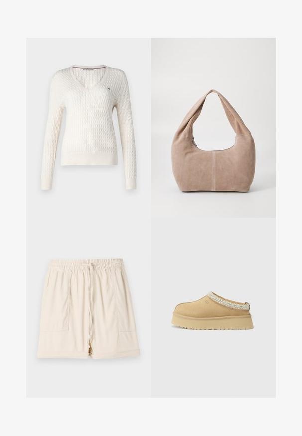 Bílý pletený svetr s výstřihem do V a dlouhými rukávy. Má strukturovaný diamantový vzor a malé logo na levé straně hrudi.; Bílý tílko bez rukávů s nastavitelnými ramínky, přiléhavý design, hladká textilie a kulatý výstřih. Žádné vzory ani kovové detaily.; Béžové bavlněné šortky s elastickým pasem, šňůrkou a dvěma postranními kapsami; mají volný střih a ohrnutý lem.; Světlé semišové nazouvací boty s polstrovaným límcem a texturovaným světle modrým akcentem. Vybaveny silnou, odolnou podrážkou s vzorovaným profilem.; Hobo taška vyrobená z měkkého semišového materiálu v světle béžové barvě. Má zaoblený tvar, široký popruh a zipové uzavření.