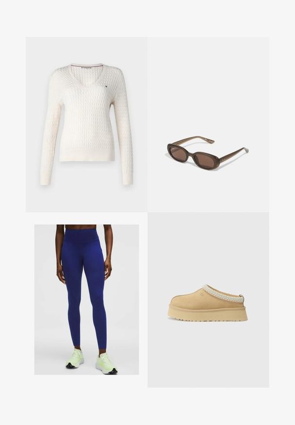 Valge kudumistehnikaga sviiter v-kaelusega ja pikkade varrukatega. Omab tekstuurset rombimustrit ja väikest logo vasakul rinnal.; Valge ilma varrukateta top, reguleeritavate rihmadega, taljesse istuv disain, sile kangatekstuur ja ümmargune kaelus. Ilma mustrite ja seadmeteta.; Isik, kellel on seljas kõrge vöökohaga tumehallid retuusid ja heleda toe nahast jooksujalatsid neoonroheliste aktsentidega, seisab ühetoonilise heleda taustaga.; Kreem-suede'ist slip-on jalanõud, millel on pehmendatud krae ja tekstuuriga helesinine aktsent. Omab paksu, vastupidavat tallaosa, millel on mustriga kulumine.; Pruunid ovaalsed päikeseprillid tumedate läätsedega. Raam on valmistatud läbipaistvast pruunist materjalist ja selle templitel on trükitud logo.; Kootud beež kandekott, millel on laisk disain ja üks õlarihm. Omab tekstuurset mustrit kogu pinnal.