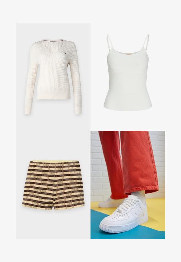 Suéter blanco de punto con escote en V y mangas largas. Presenta un patrón texturizado de diamantes y un pequeño logo en el lado izquierdo del pecho.; Top blanco sin mangas con tirantes ajustables, diseño ajustado, textura de tela suave y escote redondo. Sin patrones ni detalles de hardware.; pantalones cortos de punto en beige con rayas marrones y negras; cuentan con una textura acanalada y una cinturilla elástica amarilla.; Zapatilla de cuero blanco con caja de dedos perforada, suela texturizada y cordones blancos, combinada con pantalones rojos amplios y un fondo azul y amarillo.