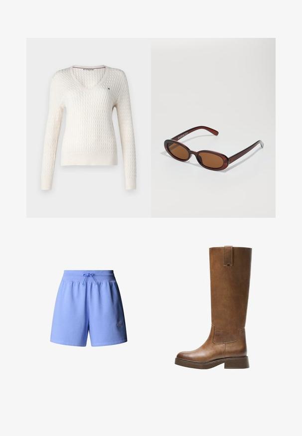 Valkoinen neulottu villapaita, jossa on v-pääntie ja pitkät hihat. Sisältää teksturoidun timanttikuosin ja pienen logon vasemmassa rinnassa.; Valkoinen hihaton toppi, jossa on säädettävät olkaimet, istuva muotoilu, sileä kankaan rakenne ja pyöreä kaula-aukko. Ei kuvioita tai metalliosia.; Vaaleansiniset shortsit, joissa on joustava vyötärö ja nauhakuja. Nepäviä logokirjontaa alareunassa. Valmistettu pehmeästä kankaasta.; Kahvipronssinen polvipituinen saapas, jossa on pyöristetty kärki, teksturoitu pinta ja matala pinoheijastin. Varressa on sivupaneeli ja vetotappi ylhäällä.; Pyöreät, ruskehtavat aurinkolasit, joissa on kiiltävä burgundinpunainen runko. Kapeat sivut, joissa on hienovarainen brändäys. Litteät linssit.