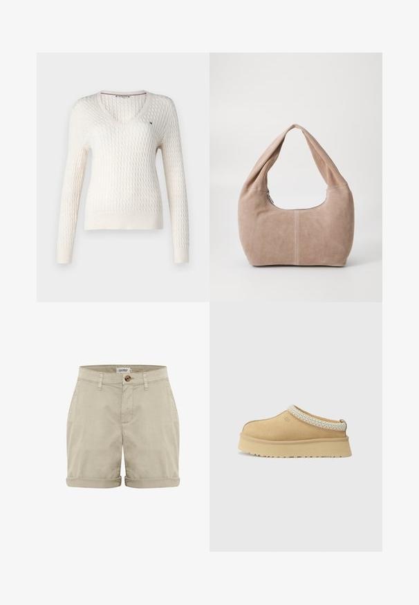 White knitted sweater with a v-neck and long sleeves. Features a textured diamond pattern and a small logo on the left chest.; White sleeveless top with adjustable straps, fitted design, smooth fabric texture, and a round neckline. No patterns or hardware details.; Beige cotton shorts with a rolled hem, featuring a front button closure and stitched pockets. Smooth texture with minimal detailing.; Tan suede slip-on shoe with a padded collar and textured light blue accent. Features a thick, durable outsole with a patterned tread.; Hobo bag made of soft, suede material in a light beige color. Features a rounded shape with a wide strap and zip closure.