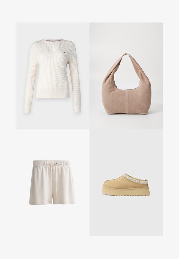 Pull en tricot blanc avec un col en V et des manches longues. Présente un motif en losange texturé et un petit logo sur la poitrine gauche.; Top sans manches blanc avec bretelles réglables, design ajusté, texture de tissu lisse et encolure ronde. Aucun motif ni détail matériel.; Shorts couleur crème en matériau doux, dotés d'une taille élastique avec cordon de serrage et d'un design d'ourlet basique.; Chaussure slip-on en daim beige avec un col rembourré et un accent texturé bleu clair. Elle dispose d'une semelle extérieure épaisse et durable avec un profil de traction.; Sac hobo en matériau suédé doux de couleur beige clair. Présente une forme arrondie avec une large sangle et une fermeture éclair.
