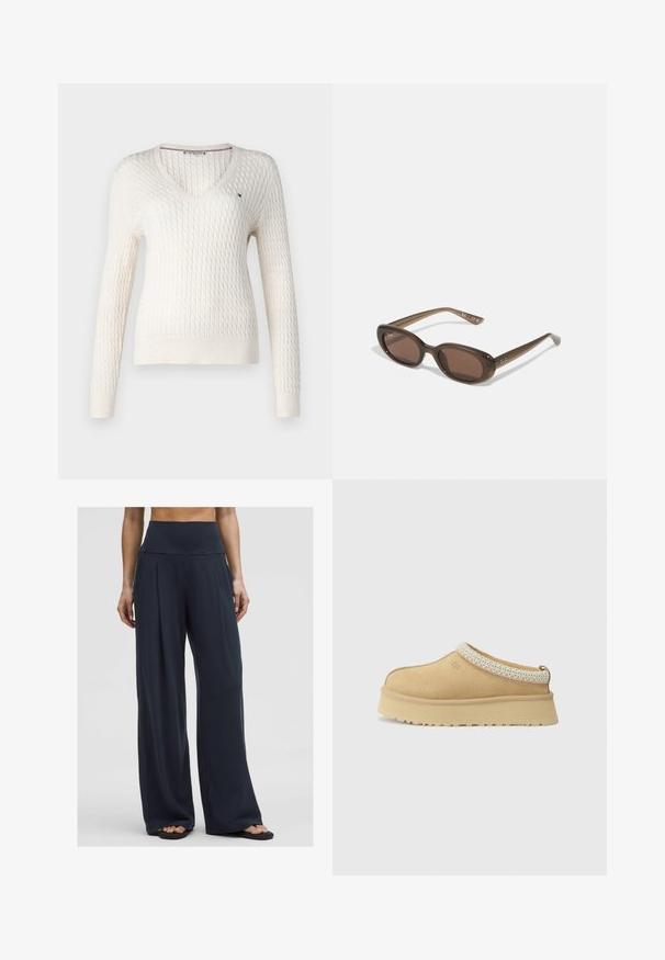 Bela pletena jopica z V-izrezom in dolgimi rokavi. Ima strukturiran rombast vzorec in majhen logo na levem prsnem delu.; Bela majica bez rukavov z nastavljivimi naramnicami, prilegajoča zasnova, gladka tekstura tkanine in okrogli izrez. Brez vzorcev ali dodatkov.; Ženska stoji oblečena v temne, široke hlače z visokim pasom, ki jih kombinira s sandalami, kar prikazuje udoben in sproščen stil.; Tan zamahani čevlji brez vezalk z oblazinjeno ovratnico in strukturiranim svetlo modrim poudarkom. Imajo debel, trpežen podplat z vzorčastim profilom.; Rjave ovalne sončne naočare s temnimi lečami. Obloge so narejene iz prozorne rjave materiale in imajo na templjih natisnjeno logo.; Tkanina bež torba z naborjanjem in enim naramnim trakom. Ima teksturiran vzorec po celotni površini.