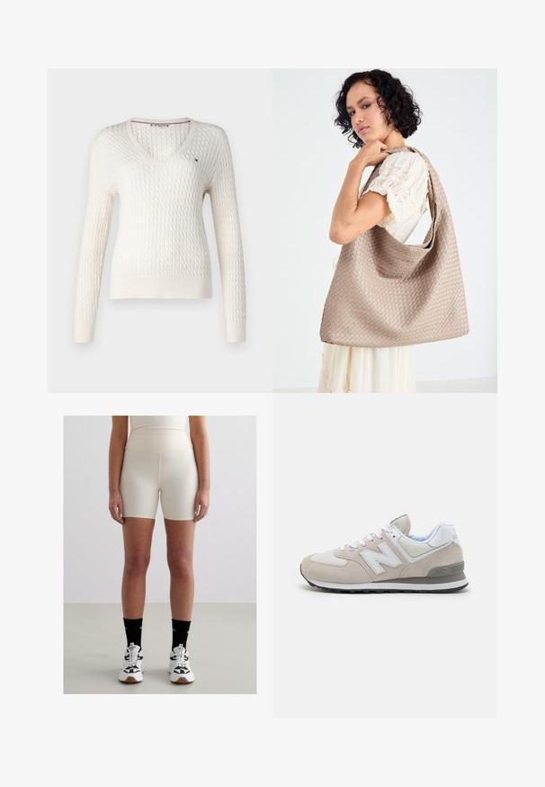 Valge kudumistehnikaga sviiter v-kaelusega ja pikkade varrukatega. Omab tekstuurset rombimustrit ja väikest logo vasakul rinnal.; Valge ilma varrukateta top, reguleeritavate rihmadega, taljesse istuv disain, sile kangatekstuur ja ümmargune kaelus. Ilma mustrite ja seadmeteta.; Beezid kõrge talje kätte lühi-püksid sileda, veniva kangaga. Omab istuvat disaini ja kesk-reie pikkust, koos valgete tossudega ja mustade sokkidega.; Kerge beeži värvi tennis jalanõud, millel on nubuk ja võrgumaterjal, valged detailid, paelad ning must kummitald. New Balance'i logo küljel.; Kootud beež kandekott, millel on laisk disain ja üks õlarihm. Omab tekstuurset mustrit kogu pinnal.