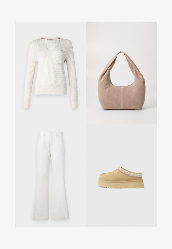 Hvid strikket sweater med v-hals og lange ærmer. Har et struktureret diamantmønster og et lille logo på venstre bryst.; Hvid ærmeløs top med justerbare stropper, tætsiddende design, glat stofstruktur og rund halsudskæring. Ingen mønstre eller hardware detaljer.; Hvide bukser af denim med flared ben og høj talje, der har forlommer, bæltesløjfer og en klassisk knaplukning. Glat tekstur, afslappet design.; Tan ruskind slip-on sko med en polstret krave og en tekstureret lyseblå accent. Har en tyk, holdbar ydersål med et mønstret slidbane.; Hobo taske lavet af blødt, suede materiale i en lys beige farve. Har en rund form med en bred rem og lynlås lukning.