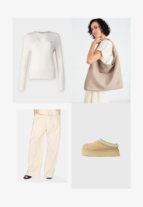 Suéter blanco de punto con escote en V y mangas largas. Presenta un patrón texturizado de diamantes y un pequeño logo en el lado izquierdo del pecho.; Top blanco sin mangas con tirantes ajustables, diseño ajustado, textura de tela suave y escote redondo. Sin patrones ni detalles de hardware.; Pantalones de pierna ancha en un tejido beige claro con una textura suave, que cuentan con pliegues y una cintura ajustable con cordón. Diseño minimalista.; Zapato de ante en tono marrón claro, tipo slip-on, con un collar acolchado y un acento texturizado en azul claro. Presenta una suela gruesa y duradera con un dibujo en la banda de rodadura.; Bolsa tote de color beige tejida, con un diseño holgado y una sola correa para el hombro. Presenta un patrón texturizado en toda la superficie.
