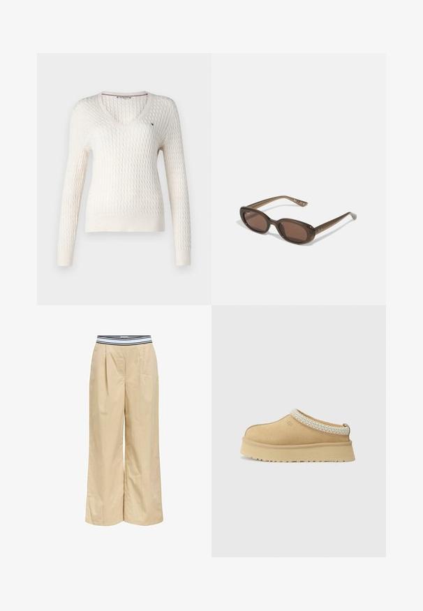 Pull en tricot blanc avec un col en V et des manches longues. Présente un motif en losange texturé et un petit logo sur la poitrine gauche.; Top sans manches blanc avec bretelles réglables, design ajusté, texture de tissu lisse et encolure ronde. Aucun motif ni détail matériel.; Pantalons larges beiges avec une ceinture élastique à rayures noires et blanches, présentant des plis à l'avant et une texture en coton lisse.; Chaussure slip-on en daim beige avec un col rembourré et un accent texturé bleu clair. Elle dispose d'une semelle extérieure épaisse et durable avec un profil de traction.; Lunettes de soleil ovales marron avec des verres foncés. La monture est en matériau transparent marron et comporte un logo imprimé sur les branches.; Sac fourre-tout tissé beige avec un design décontracté et une seule sangle pour l'épaule. Présente un motif texturé sur toute la surface.