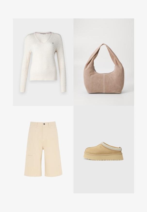 Weißer gestrickter Pullover mit V-Ausschnitt und langen Ärmeln. Verfügt über ein strukturiertes Rautenmuster und ein kleines Logo auf der linken Brust.; Weißes ärmelloses Oberteil mit verstellbaren Trägern, taillierter Passform, glattem Stoff und rundem Ausschnitt. Keine Muster oder Hardware-Details.; Beige Cargo-Shorts aus strapazierfähigem Material, mit einer lockeren Passform, Fronttaschen und einer Seitentasche mit Klappen-Detail.; Beige Wildleder Slipper mit gepolstertem Kragen und strukturiertem hellblauen Akzent. Verfügt über eine dicke, strapazierfähige Außensohle mit gemusterter Profilierung.; Hobo-Tasche aus weichem Wildledermaterial in einem hellen Beigeton. Verfügt über eine runde Form, einen breiten Riemen und einen Reißverschluss.