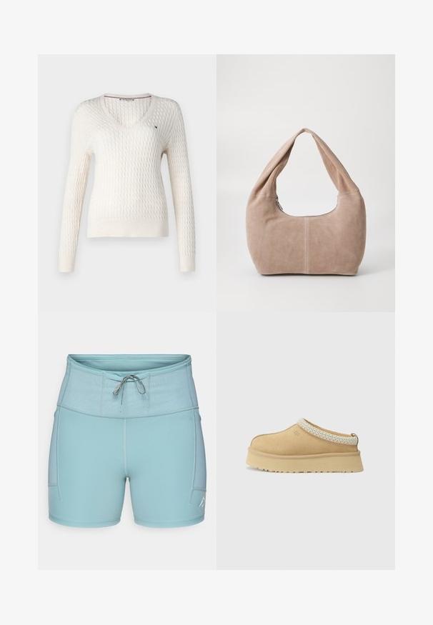 Maglione bianco lavorato a maglia con scollatura a V e maniche lunghe. Presenta un motivo a diamante testurizzato e un piccolo logo sul lato sinistro del petto.; Top bianco senza maniche con spalline regolabili, design aderente, tessuto liscio e scollo rotondo. Nessun motivo o dettagli in metallo.; Pantaloni da ginnastica blu chiaro con una larga cintura elastica, coulisse e tasche laterali. Tessuto liscio con cuciture flatlock per un comfort ottimale.; Scarpa slip-on in suede color sabbia con colletto imbottito e accento in tessuto blu chiaro testurizzato. Presenta una suola spessa e resistente con battistrada decorato.; Borse hobo realizzata in morbido materiale scamosciato di colore beige chiaro. Caratterizzata da una forma arrotondata con una tracolla ampia e chiusura con zip.