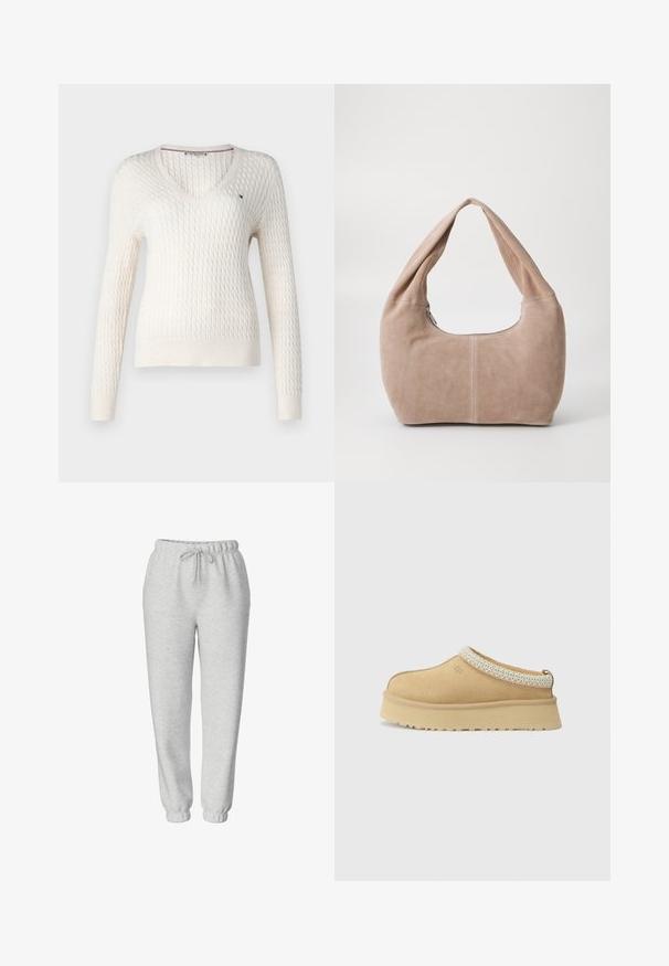 Valkoinen neulottu villapaita, jossa on v-pääntie ja pitkät hihat. Sisältää teksturoidun timanttikuosin ja pienen logon vasemmassa rinnassa.; Valkoinen hihaton toppi, jossa on säädettävät olkaimet, istuva muotoilu, sileä kankaan rakenne ja pyöreä kaula-aukko. Ei kuvioita tai metalliosia.; Harmaat verkkarit, jotka on valmistettu pehmeästä ja joustavasta kankaasta, jossa on elastinen vyötärö ja säädettävä nyöri; kapeneva malli ja resorit nilkoissa.; Vaaleanruskeat mokka-slip-on-kengät, joissa on pehmustettu kaulus ja teksturoitu vaaleansininen yksityiskohta. Ominaisuuksiin kuuluu paksu, kestävä pohja, jossa on kuvioitu kulutuspinta.; Matkakassi, joka on valmistettu pehmeästä, mokkanahasta vaaleanbeigessä värissä. Ominaisuuksiin kuuluu pyöreä muoto, leveä hihna ja vetoketjukiinnitys.