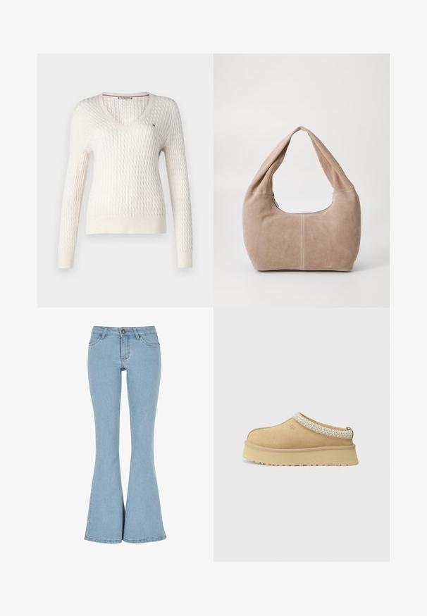 Suéter blanco de punto con escote en V y mangas largas. Presenta un patrón texturizado de diamantes y un pequeño logo en el lado izquierdo del pecho.; Top blanco sin mangas con tirantes ajustables, diseño ajustado, textura de tela suave y escote redondo. Sin patrones ni detalles de hardware.; Jeans de mezclilla azul claro de corte acampanado con una cintura alta, cinco bolsillos y cierre de botón. Presentan una textura suave y un dobladillo limpio.; Zapato de ante en tono marrón claro, tipo slip-on, con un collar acolchado y un acento texturizado en azul claro. Presenta una suela gruesa y duradera con un dibujo en la banda de rodadura.; Bolso hobo hecho de un material suave de ante en un color beige claro. Presenta una forma redondeada con una correa ancha y cierre de cremallera.