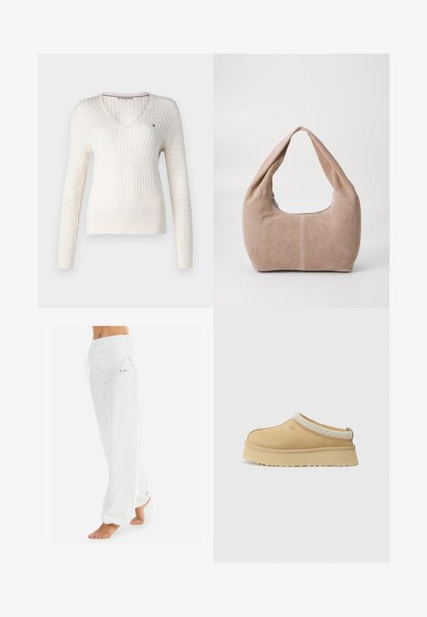 Fehér, kötött pulcsi V nyakkal és hosszú ujjal. Szegett gyémánt mintázattal és egy kis logóval a bal mellrészen.; Fehér ujjatlan felső állítható pántokkal, testhez simuló kivitel, sima szövettextúra és kerek nyakkivágás. Nincsenek minták vagy fémrészek.; Fehér, laza szabású nadrág, összegyűrt derékkal és zsinórral. Sima textúrájú, oldalsó varrásokkal, a kényelem és a mozgékonyság jegyében tervezve.; Barna velúr slip-on cipő párnázott gallérral és texturált világoskék díszítéssel. Vastag, tartós talppal rendelkezik, amely mintás barázdákkal ellátott.; Puha, velúr anyagból készült hobo táska világos bézs színben. Jellemzője a kerek forma, széles pánt és cipzáras záródás.