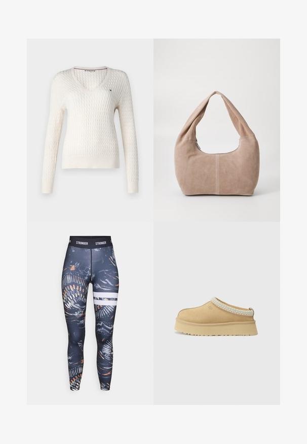 Maglione bianco lavorato a maglia con scollatura a V e maniche lunghe. Presenta un motivo a diamante testurizzato e un piccolo logo sul lato sinistro del petto.; Top bianco senza maniche con spalline regolabili, design aderente, tessuto liscio e scollo rotondo. Nessun motivo o dettagli in metallo.; Leggings a vita alta realizzati in tessuto elasticizzato, caratterizzati da un motivo astratto scuro con accenti colorati e strisce orizzontali bianche.; Scarpa slip-on in suede color sabbia con colletto imbottito e accento in tessuto blu chiaro testurizzato. Presenta una suola spessa e resistente con battistrada decorato.; Borse hobo realizzata in morbido materiale scamosciato di colore beige chiaro. Caratterizzata da una forma arrotondata con una tracolla ampia e chiusura con zip.