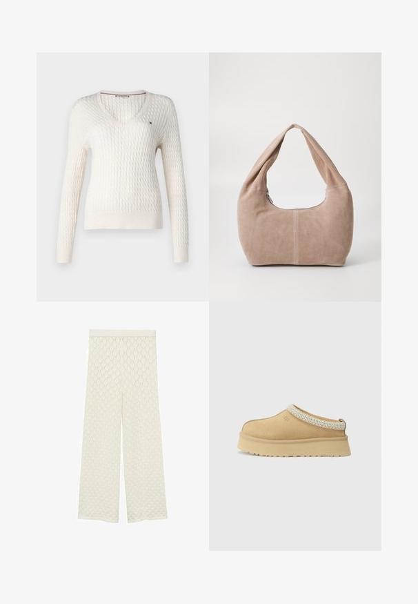 White knitted sweater with a v-neck and long sleeves. Features a textured diamond pattern and a small logo on the left chest.; White sleeveless top with adjustable straps, fitted design, smooth fabric texture, and a round neckline. No patterns or hardware details.; Cream-colored wide-leg trousers with a textured, diamond-patterned fabric. Features a smooth waistband and a loose, airy fit.; Tan suede slip-on shoe with a padded collar and textured light blue accent. Features a thick, durable outsole with a patterned tread.; Hobo bag made of soft, suede material in a light beige color. Features a rounded shape with a wide strap and zip closure.