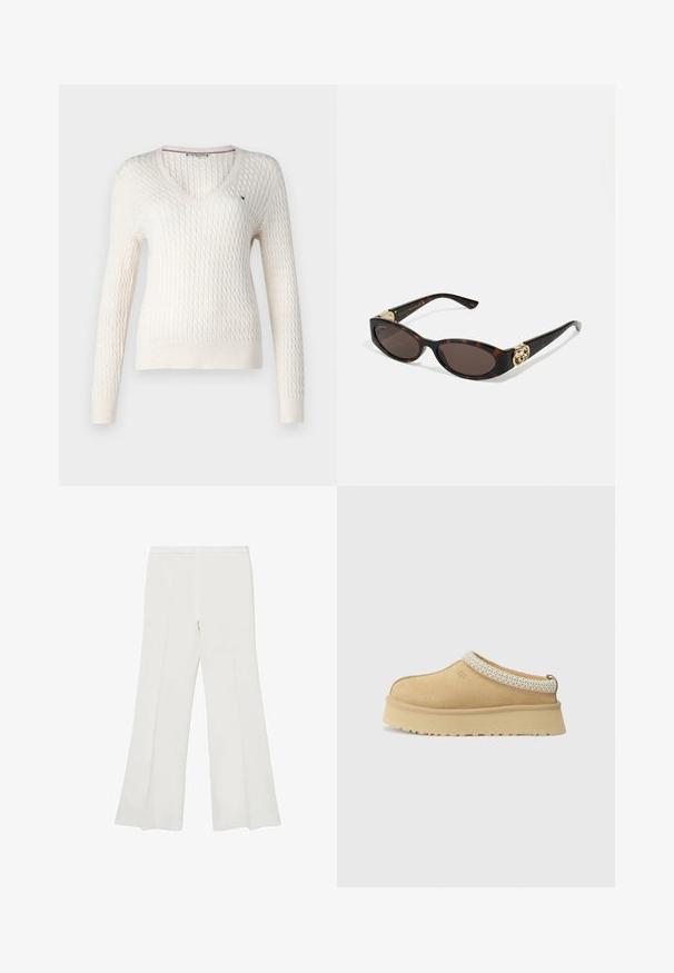 White knitted sweater with a v-neck and long sleeves. Features a textured diamond pattern and a small logo on the left chest.; White sleeveless top with adjustable straps, fitted design, smooth fabric texture, and a round neckline. No patterns or hardware details.; White flared trousers featuring a smooth texture and clean lines, with a mid-rise waistband and no visible hardware or patterns.; Tan suede slip-on shoe with a padded collar and textured light blue accent. Features a thick, durable outsole with a patterned tread.; Tortoiseshell sunglasses with elongated oval lenses, brown tint, gold logo accents on temples, and sleek black arms.