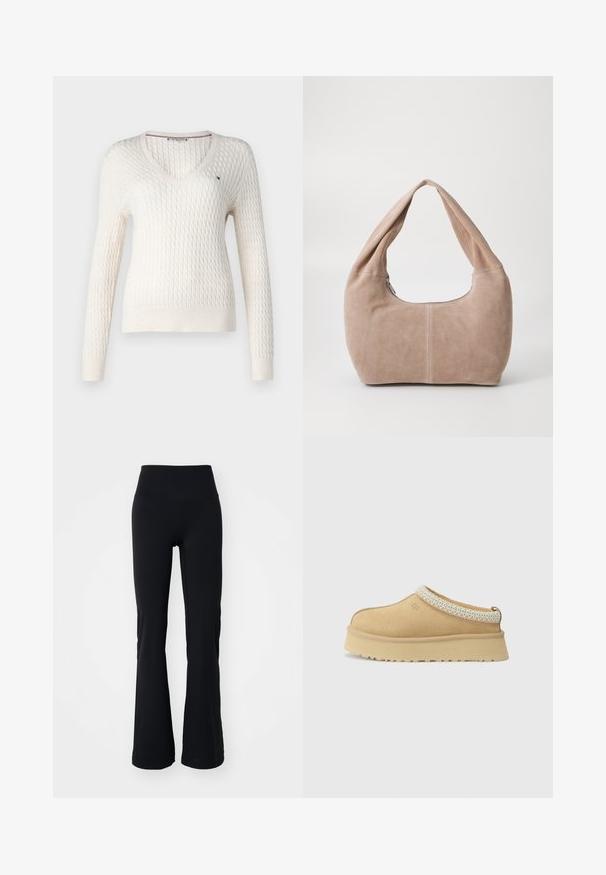 Weißer gestrickter Pullover mit V-Ausschnitt und langen Ärmeln. Verfügt über ein strukturiertes Rautenmuster und ein kleines Logo auf der linken Brust.; Weißes ärmelloses Oberteil mit verstellbaren Trägern, taillierter Passform, glattem Stoff und rundem Ausschnitt. Keine Muster oder Hardware-Details.; Schwarze ausgestellte Leggings aus dehnbarem Stoff, mit hohem Bund und einer glatten Textur ohne sichtbare Muster oder Verzierungen.; Beige Wildleder Slipper mit gepolstertem Kragen und strukturiertem hellblauen Akzent. Verfügt über eine dicke, strapazierfähige Außensohle mit gemusterter Profilierung.; Hobo-Tasche aus weichem Wildledermaterial in einem hellen Beigeton. Verfügt über eine runde Form, einen breiten Riemen und einen Reißverschluss.
