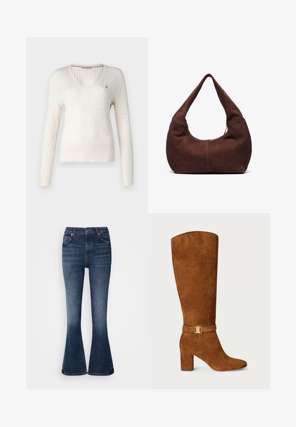 Valkoinen neulottu villapaita, jossa on v-pääntie ja pitkät hihat. Sisältää teksturoidun timanttikuosin ja pienen logon vasemmassa rinnassa.; Valkoinen hihaton toppi, jossa on säädettävät olkaimet, istuva muotoilu, sileä kankaan rakenne ja pyöreä kaula-aukko. Ei kuvioita tai metalliosia.; Tummansininen farkuista valmistetut leveälahkeiset housut korkealla vyötäröllä, etutaskuilla ja hienovaraisilla haalistumilla reisiä pitkin. Saumayksityiskohdat vyötäröllä ja lahkeessa.; Kaunis ruskea mokkahousu, joka ulottuu polven ylle, neliön muotoisella kärjellä, tukevalla korkolla ja kultaisella soljella, joka on kiinnitetty yhteensopivalla mokkavyöllä nilkan ympärille.; Ruskea mokkahobo-laukku, jossa on kaareva, leveä kahva ja suuri aukko. Pehmeä tekstuuri, jossa on näkyvää tikkausta reunoilla.