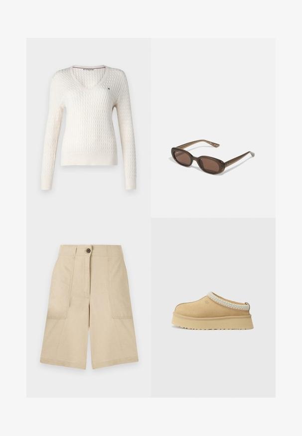 Balta adīta džemperis ar V veida kakla izgriezumu un garām piedurknēm. Tam ir teksturēta dimanta raksts un mazs logo kreisajā krūtī.; Balta bez piedurknēm blūze ar regulējamām siksnām, pieguļošs dizains, gluda auduma tekstūra un apaļa kakla izgriezums. Nav rakstu vai metāla detaļu.; Bežīgi lina šorti ar divām sānu kabatām, priekšējo pogu aizdari, taisnu piegriezumu un gludu tekstūru. Vienkāršs dizains, bez rakstiem.; Tan zamšādas slēgtas kurpes ar mīkstu apkakli un teksturētu gaiši zilu akcentu. Iespējama bieza, izturīga zole ar rakstu profilu.; Brūni ovāli saulesbrilles ar tumšiem lēcu tonijiem. Rāmim ir caurspīdīga brūna materiāla uzbūve, un uz tempļiem ir drukāts logo.