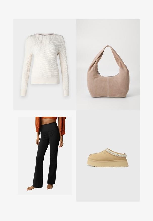 Bijela pletiva dukserica s V-izrezom i dugim rukavima. Ima teksturirani dijamantni uzorak i mali logotip na lijevoj strani prsnog koša.; Bijela majica bez rukava s podesivim naramenicama, prilagođenog kroja, s glatkom teksturom tkanine i okruglim izrezom. Nema uzoraka ili metalnih detalja.; Crne rebraste hlače s flaringom i visokim strukom, s glatkom teksturom i jednostavnim dizajnom. Akcenti uključuju blagu flaru na rubu.; Svi trsno bež slip-on cipele s podstavljenim ovratnikom i teksturiranim svijetloplavi akcentom. Ima debeo, izdržljiv potplat s uzorkom.; Torba tipa hobo napravljena od mekog, zamjenskog materijala u svijetloj bež boji. Ima zaobljen oblik, široku naramenicu i zatvaranje na zip.