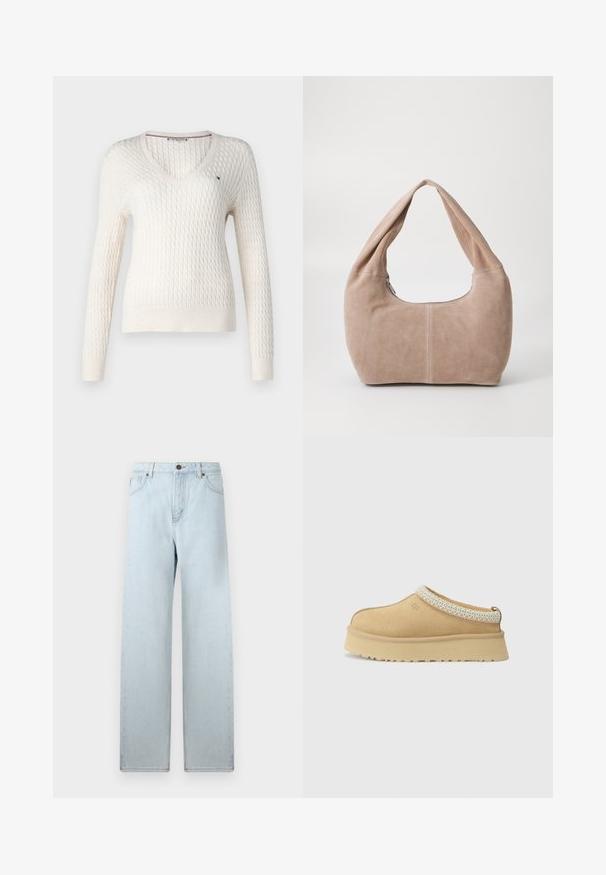 Hvit strikket genser med V-hals og lange ermer. Har et teksturert diamantmønster og en liten logo på venstre bryst.; Hvit ermeløs topp med justerbare stropper, tettsittende design, glatt tekstur, og rund hals. Ingen mønstre eller detaljer i maskinvare.; Lys blå vide jeans med høy livhøyde, frontlommer og knapplukking. Glatt denimtekstur, minimal falming, rett ben-design.; Brune suedeslippers med polstret krave og struktureret lyseblå accent. Har en tyk, holdbar ydersål med mønstret sål.; Hobo-veske laget av mykt, semsket materiale i lys beige farge. Har en avrundet form med en bred stropp og glidelås-lukking.
