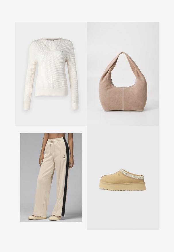 Balta adīta džemperis ar V veida kakla izgriezumu un garām piedurknēm. Tam ir teksturēta dimanta raksts un mazs logo kreisajā krūtī.; Balta bez piedurknēm blūze ar regulējamām siksnām, pieguļošs dizains, gluda auduma tekstūra un apaļa kakla izgriezums. Nav rakstu vai metāla detaļu.; Beige sporta bikses ar melnām sānu svītrām, elastīgu jostu un auklu. Uz kreisā augšstilba ir neliels melns logo. Gluda tekstūra.; Tan zamšādas slēgtas kurpes ar mīkstu apkakli un teksturētu gaiši zilu akcentu. Iespējama bieza, izturīga zole ar rakstu profilu.; Mīksta, zylejota hobo soma gaisā bēšā krāsā. Tam ir noapaļota forma ar platu siksnu un rāvējslēdzēja aizdare.