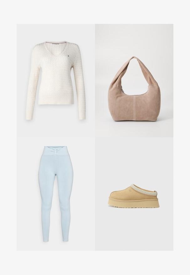 Bela pletena jopica z V-izrezom in dolgimi rokavi. Ima strukturiran rombast vzorec in majhen logo na levem prsnem delu.; Bela majica bez rukavov z nastavljivimi naramnicami, prilegajoča zasnova, gladka tekstura tkanine in okrogli izrez. Brez vzorcev ali dodatkov.; Svjetloplave visoke tajice od mekog, rastezljivog materijala, s nabranim detaljem u struku i uskim, oblikovanim nogavicama.; Tan zamahani čevlji brez vezalk z oblazinjeno ovratnico in strukturiranim svetlo modrim poudarkom. Imajo debel, trpežen podplat z vzorčastim profilom.; Hobo torba iz mehkega, usnjeno podobnega materiala v svetlo bež barvi. Ima okroglo obliko, širok trak in zadrgo.