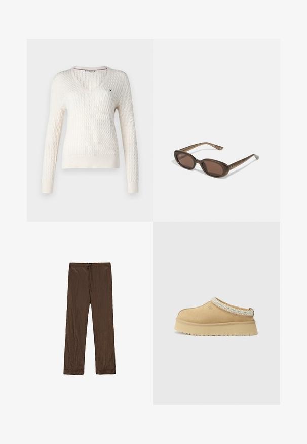 White knitted sweater with a v-neck and long sleeves. Features a textured diamond pattern and a small logo on the left chest.; White sleeveless top with adjustable straps, fitted design, smooth fabric texture, and a round neckline. No patterns or hardware details.; Massimo Dutti PINSTRIPE - Trousers - mottled dark brown; Tan suede slip-on shoe with a padded collar and textured light blue accent. Features a thick, durable outsole with a patterned tread.; Brown oval sunglasses with dark lenses. Frame has a transparent brown material and features a logo printed on the temples.; Woven beige tote bag with a slouchy design and a single shoulder strap. Features a textured pattern throughout the surface.