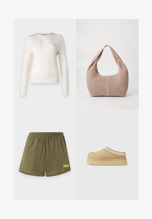 White knitted sweater with a v-neck and long sleeves. Features a textured diamond pattern and a small logo on the left chest.; White sleeveless top with adjustable straps, fitted design, smooth fabric texture, and a round neckline. No patterns or hardware details.; Olive green cotton shorts with an elastic waistband and a straight cut. Features "AMERICAN VINTAGE" logo in yellow on the bottom right.; Tan suede slip-on shoe with a padded collar and textured light blue accent. Features a thick, durable outsole with a patterned tread.; Hobo bag made of soft, suede material in a light beige color. Features a rounded shape with a wide strap and zip closure.